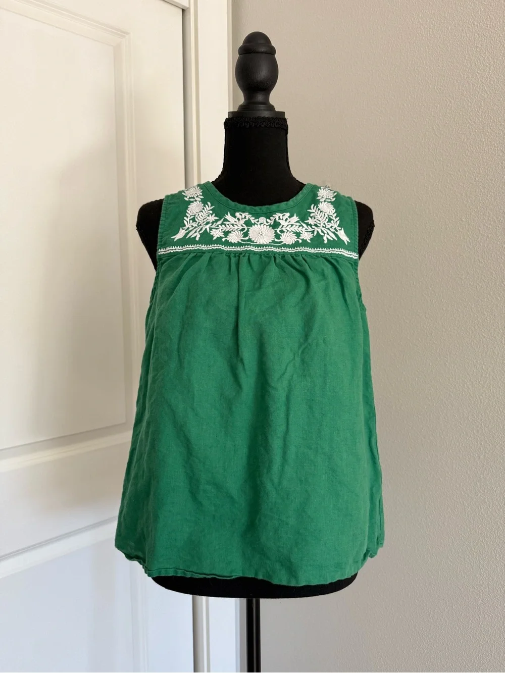 J. Crew Green Sleeveless Embroidered Yoke Top